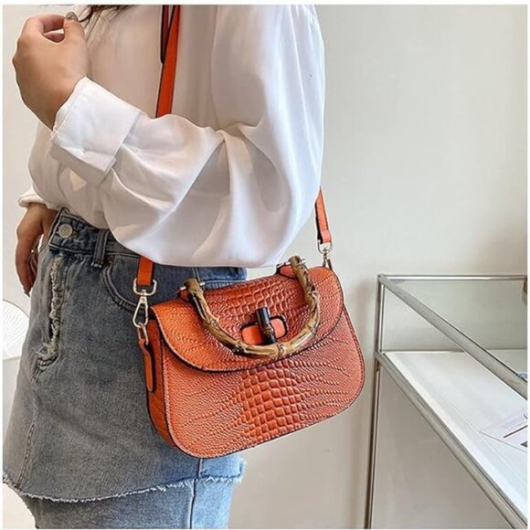 Neiman Marcus Bamboo Handle Crocodile Print Top Handle Bag - Picture 7 of 8